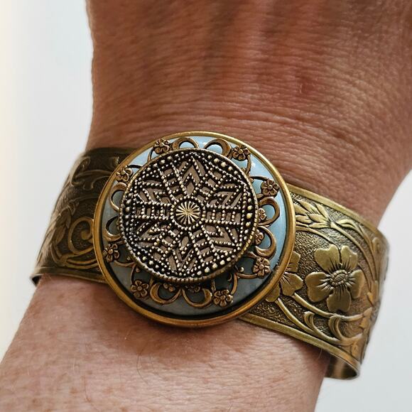Art Deco Steampunk Spinning Bronze Circle Cuff Bracelet - Picture 1 of 8